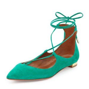 Aquazzura "Christy" Lace-Up Point-Toe Flat, Watermelon Green